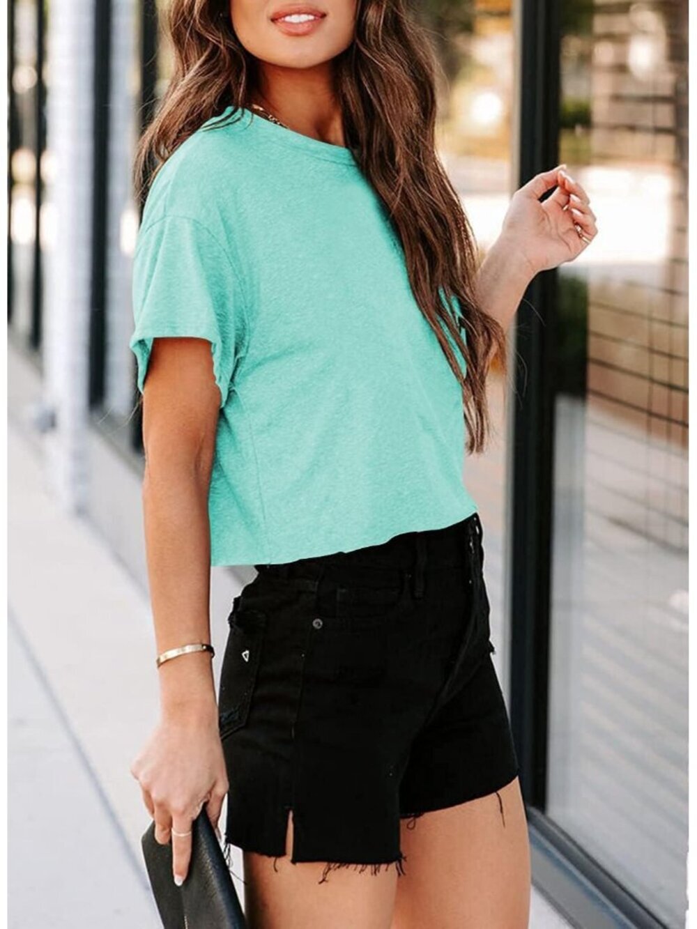 〽️Women's Mint Green Short Sleeve Crew Neck Loose Casual Drop Shoulder Crop Tops